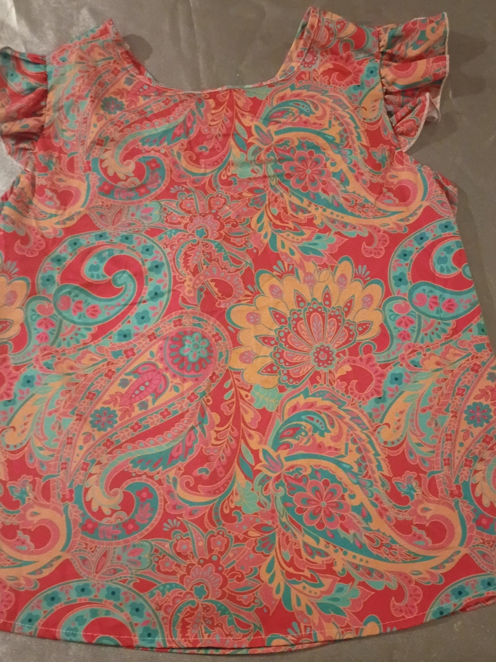 SHEIN Coral Paisley Ruffle Cap-Sleeve Blouse with Teal & Yellow Details